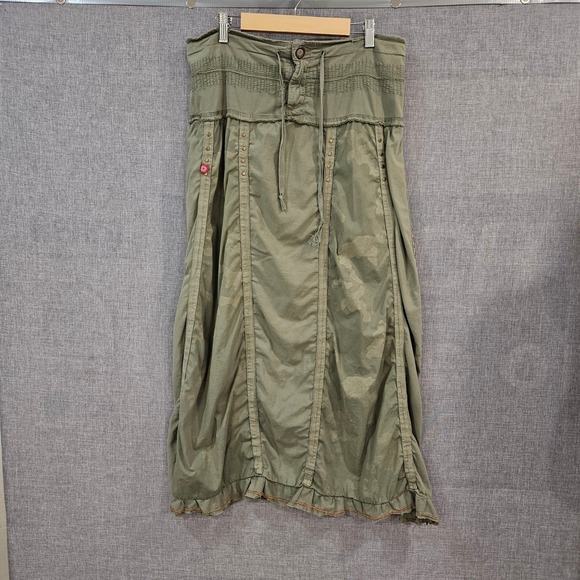 XCVI Vintage Olive Green Camo Skirt with Flaw Ruched Drawstring Ruffled Grunge - Picture 1 of 15